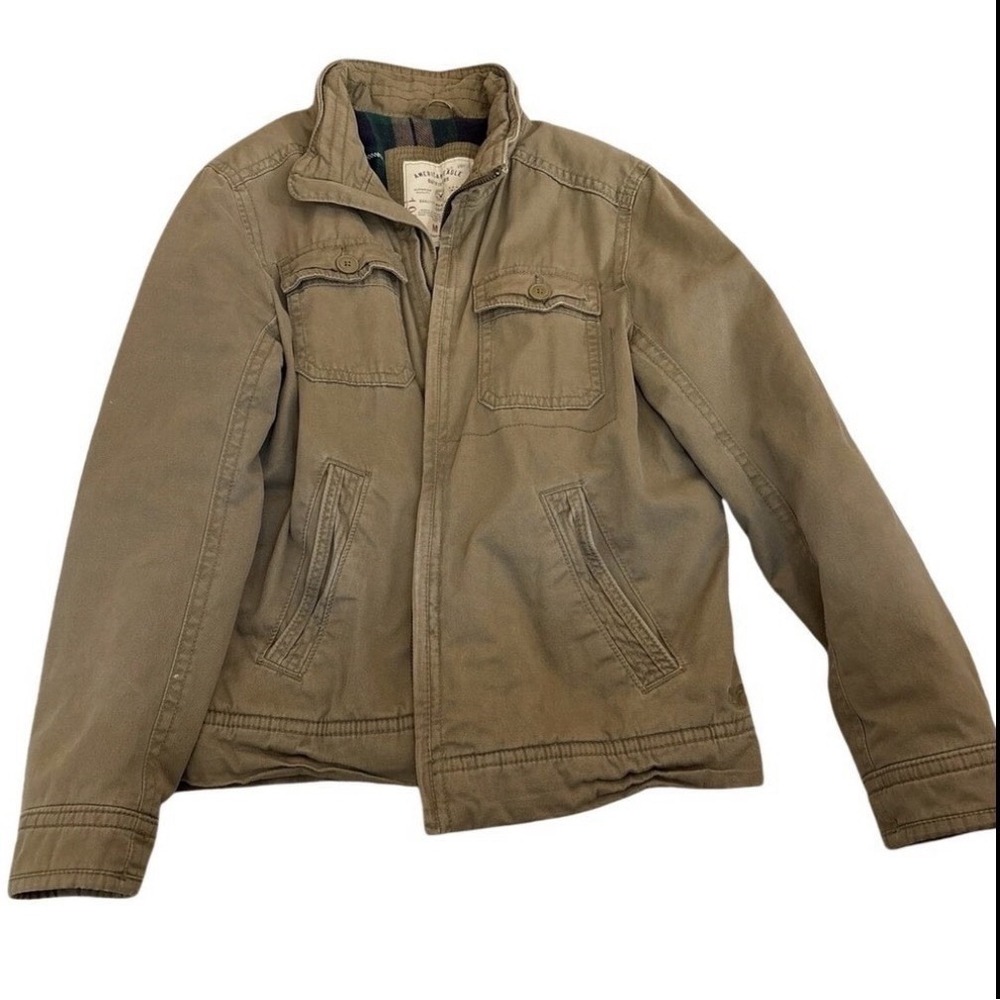 American Eagle Outfitters Mens Tan Khaki Jacket M M Plaid Lined Zip Front